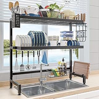 NETEL Over Sink Dish Drainer, 3 Tier Dish Drying Rack, Multifunctional Stainless Sink Drainer, Kitchen Counter Organiser and Storage Shelf, with Utensil and Cutting Board Holder, Length 65cm, Black