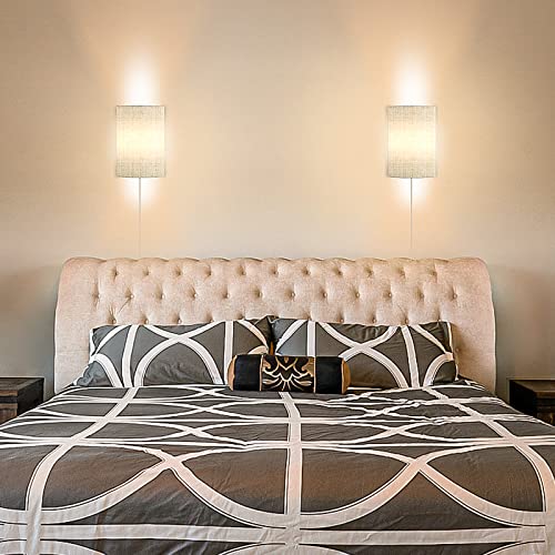 Wall Sconces Set Of Two,Wall Light 8W With 3 Color Temperature 2700-5000K,Modern Wall Sconces Plug In Cord And On/Off Switch, Beige Linen Shade ,No Wiring Required Perfect For Bedroom Living Room #TOP5