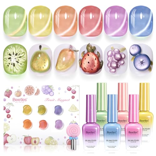 Beetles Fruit Magnet Cat Eye Gel Nail Polish Set - 6 Colors Spring Gel Polish Kit Glitter Cat Eye...