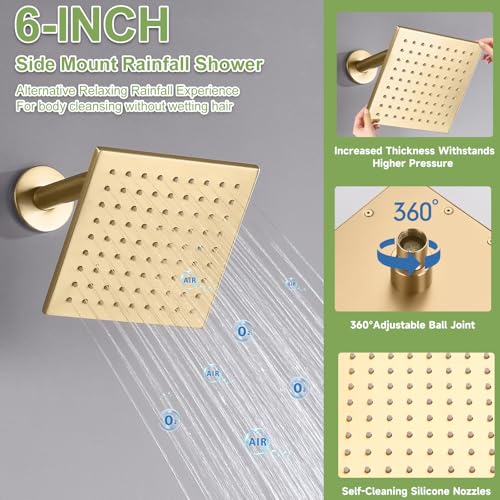 Image of Shower System Brushed Gold Dual Shower Head with Body Jets, Oupukle Four Modes Shower Faucet Set Ceiling Mount 12 inch Rain Shower Head & 6 inch Wall Mounted Head with 6PCS Body Jets