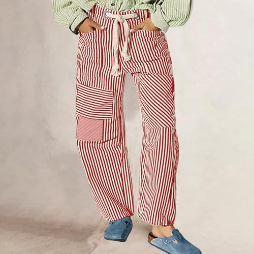 Women Striped Patchwork Jeans High Waist Drawstring Baggy Barrel Wide Leg Denim Pants Casual Trousers with Pockets2