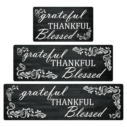 Thankful Kitchen Mats for Floor, Black 3 Pieces Non Slip Cushioned Kitchen Runner Rugs Waterproof Comfort Mat Farmhouse Chef Runners Carpet for Sink, Bathroom