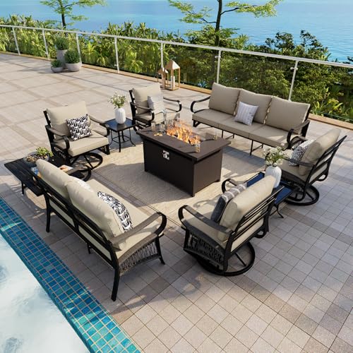 Image of 10-Piece Outdoor Furniture Set, Metal Swivel Rocking Chairs with All-Weather Cushions, Patio Conversation Set with Fire Pit Table for Deck, Porch, Garden, Backyard, Poolside (Beige Cushions)