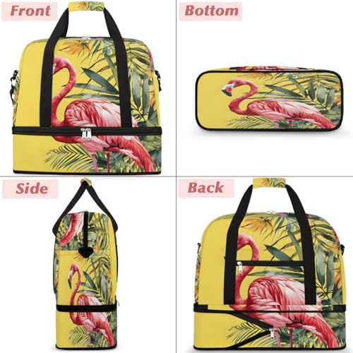 Travel Duffel Bags Flamingo Palm Leaf Foldable Weekender Bags for Women with Shoes Compartment Waterproof & Tear Resistant Carry on Overnight Luggage Duffel Bag Shoulder Sports Tote Bag,A-7683