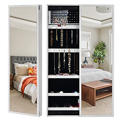 COSTWAY Armoire à Bijoux à porte coulissante, Miroir Bijoux Suspendu avec 22 Crochets pour Collier, 60 Emplacements pour Bagues, 3 Étagères et 95 Trous pour Boucles d'Oreilles (Marron)