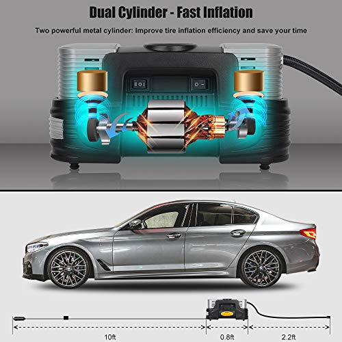 xingruyu Portable Air Compressor, Dual Cylinder Tire Inflator with Digital Gauge, 150Psi, 12V Air Pump for Car Tires with LED Light, Tire Pump with Overheating Protection, 3 Nozzles and Spare Fuse