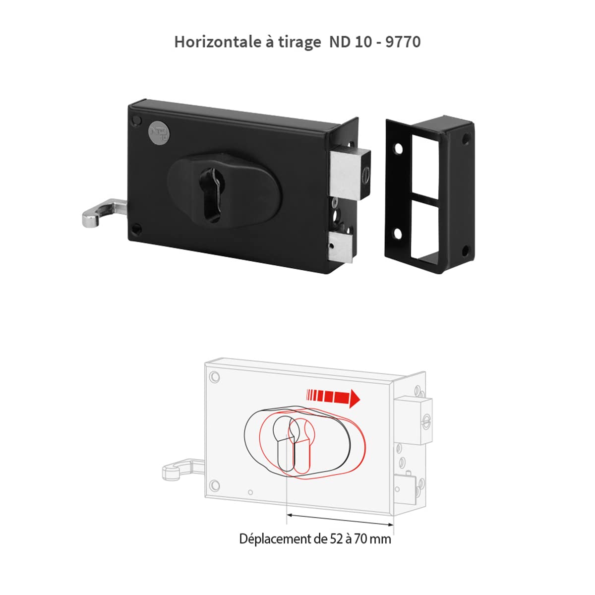 METALUX ND10 9770 Tirage Droite - Serrure en Applique Universelle Horizontale Axe Réglable de 52 à 70 mm