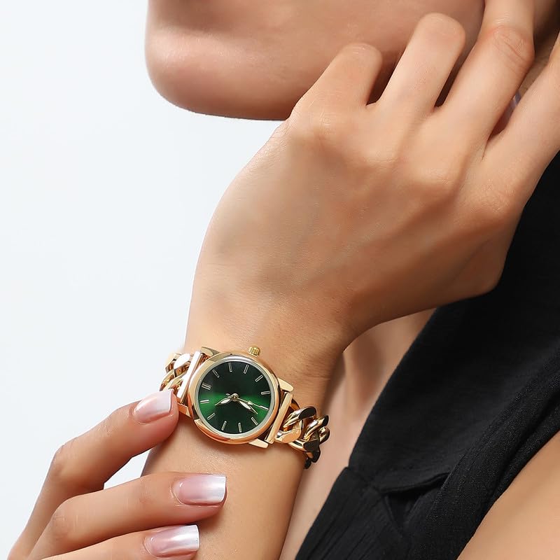 Image of Haute Sauce Women's The Sova Chainlink Round Watch | Gold Stainless Steel Strap | Emerald Green Dial | One-Size | Foldover Closure | Quartz | Analogue | Wrist Belt Watch for Female & Girls