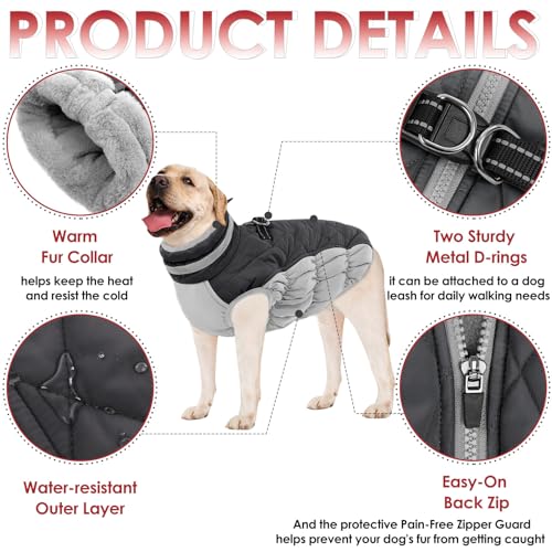 AOFITEE Wintermantel für große Hunde, Wasserdicht Hundemantel Hundejacke Mittelgroße Hund mit Geschirr, Winddichter Winter Hunde Jacket mit Reißverschluss, Warme Outdoor Hundebekleidung, L Grau