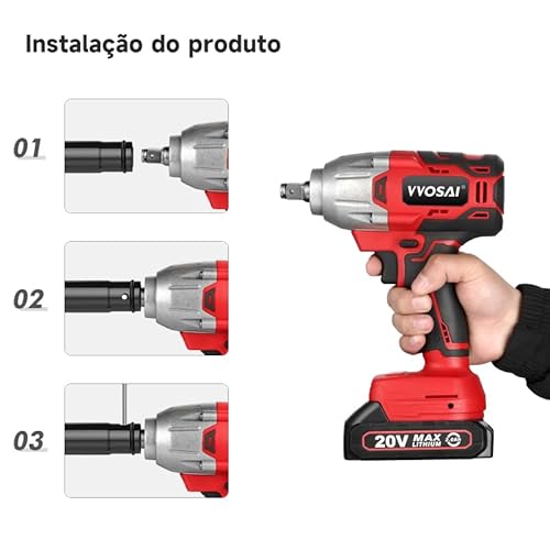 WOSAI Chave de Impacto de Torque 600N.m com Bateria Intercambiável 20V 6.0Ah, Encaixe 1/2', 3 Peça