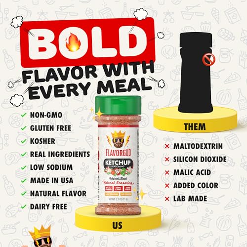 Image of Flavor God 2 Bottles Ketchup Seasoning Mix Natural Healthy Spice Blend For Grilling Chicken, Beef, Seafood, Vegetables, Salad, Tacos, Pizza & Burgers, Kosher, Gluten & Dairy Free, Vegan Keto Friendly