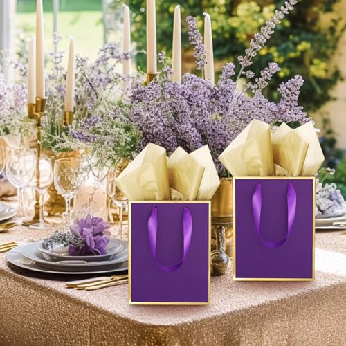 Image of Yeaqee 24 Pack Metallic Paper Gift Bag with Tissue, Purple Gold | with Satin Ribbon Handle and Tissue, 9x7x3.1 Inch, Suit Business, Birthday, Christmas, Thank You Return Gifts Bags