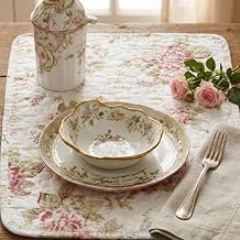 مفارش طاولة طعام DaDa Bedding Cottage Roses Floral - مجموعة من 4 قطع من القطن المبطن بأزهار الزهور الرقيقة للحديقة - مفارش بيضاء عاجية مزخرفة للمطبخ وقت الشاي - 13 x 19