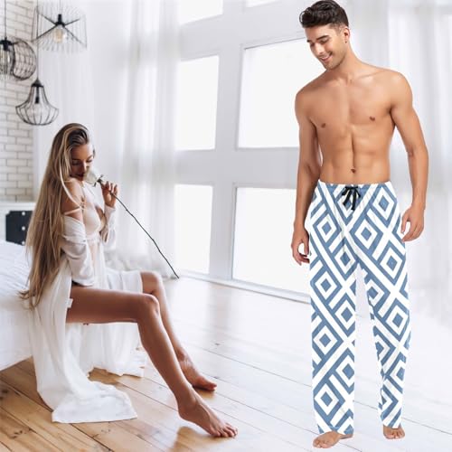 visesunny Mens Cotton Pajama Pants PJ Bottoms Blue Square Diamond Lightweight Soft Lounge Sleepwear with Pockets3