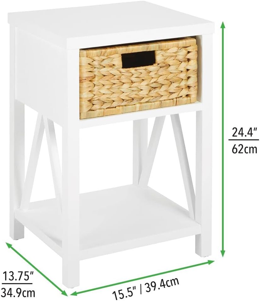 Prоmо 40% оƒƒ mDesign Side End Table Storage Nightstand - Sturdy Wood Frame, Water Hyacinth Woven Pull Out Basket Bin - Furniture Unit for Living Room, Bedroom, Hallway, Entryway, 1 Drawer - White/Bamboo