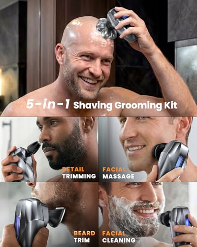 Image of Head Shavers for Bald Men, 5-in-1 Electric Shaver Grooming Kit, 7D Floating IPX7 Waterproof Rechargeable Wet /Dry Razor for Skull Bald Head, Body Hair, with Massager, Gray