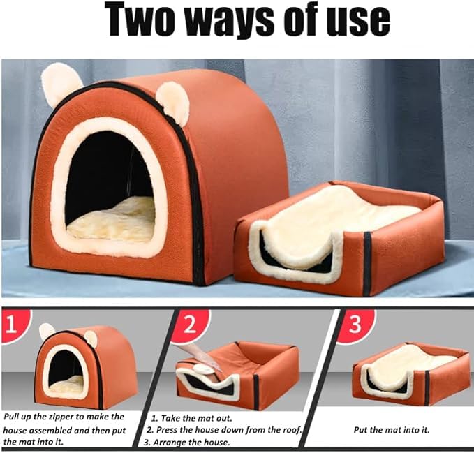 Image of Cat Bed or Dog Bed,2 Ways to Use,Indoor Pet House with Fluffy Mat,Removable and Washable Cover,Splash-Proof House and Non-Slip Bottom,for Cats and Small Dogs(S Plaid & Gray)