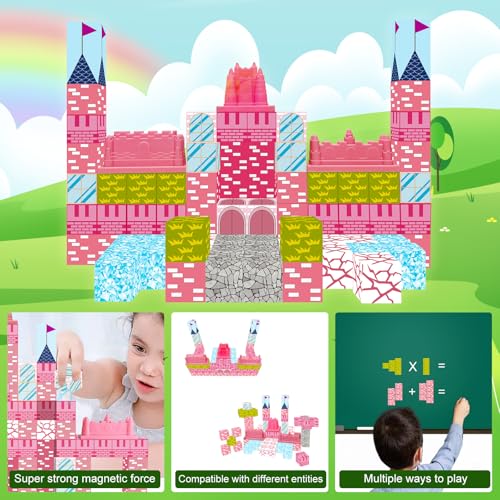 Light up Magnetic Blocks, 112 PCS Pink Castle Magnetic Building Block Games, Magnet Blocks Cubes for Kids Age 3+, Sensory Stacking Toy Christmas Birthday Gifts for Boys and Girls Large Size1 Inch - Image 3