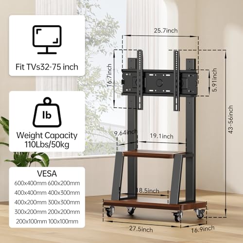 Mobile TV Stand,Rolling TVs Cart on Wheels Height Adjustable Heavy-Duty Floor Stand with Steel Shelf Base for 32-75 Inch LCD LED OLED Flat Panel Screens Smartboard Movable Holds up to 110lbs (Black)
