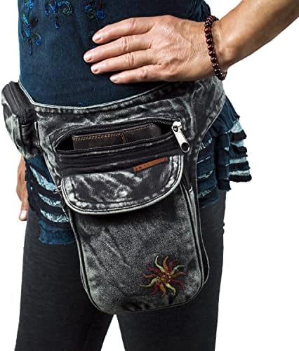Marsupio Hippie Goa Psy Green – 100% Cotone Con Ricamo Fiore, 3 Scomparti, Unisex - 4