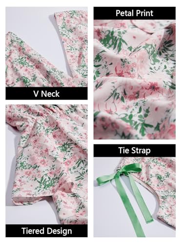 Image of Wenrine Womens Summer Floral Maxi Dress Tie Strap Sleeveless V Neck High Slit Boho Ruffle Tiered Beach Dresses