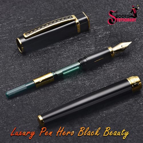Image of Success Stationery Hero Pen Original Fountain Pen for Men Extra Fine Nib Ink Pen Black Colour Cap and Body Gold Trim Luxury Pen 979 Gift Set with Box