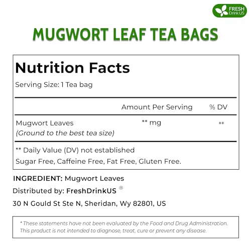 Image of FreshDrinkUS, Premium 60 Mugwort Leaf Tea Bags, 100% Natural and Pure Mugwort Leaves. No Sugar, No Caffeine, No Gluten, Vegan.