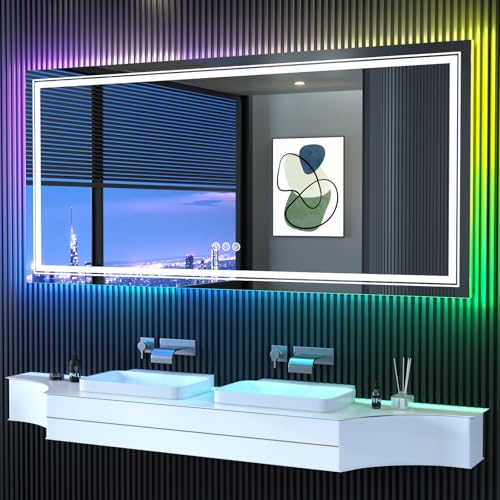 LED Mirror for Bathroom, 77"X36" with 8 RGB Backlit +3 Front Lit (Adjustable Individually), Anti-Fog, Large Lighted Bathroom Vanity Mirror for Wall,Shatterproof,Memory Function,Tempered Glass