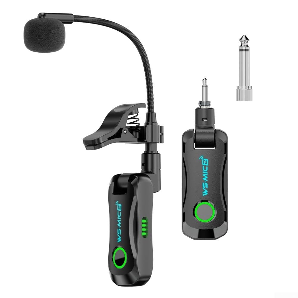 Microfono digitale wireless per sassofono: trasmissione 2,4 GHz, portata 40 m, latenza 12 ms, audio 48 K/16 bit, 98 dB SNR, compatibile con sax e tromba