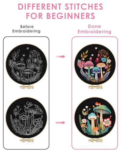 Image of TINDTOP 2 Pack Embroidery Kit for Adult, Embroidery DIY Starter Kit | with Mushroom Stamped Patterns, Hoop, Tools, Colorful Threads with Needles, Instructions