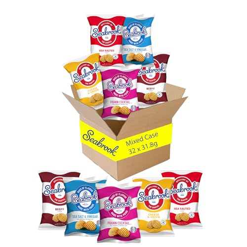 Seabrook Crinkle Crisps Mixed Case 32 Pack of 31.8g British Potato Chips Assorted Flavours (4 Random Flavours) Flavoured Crisps Variety Box Ideal for Snacking