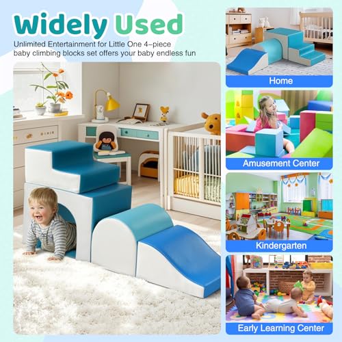 Image of Sumbababy Foam Climbing Blocks for Toddlers: with a Tunnel - 4 PCS Foam Blocks - Kids Indoor Climbers Play Structures Play Gym Soft Climber with Slide and Stair Soft Playground Green