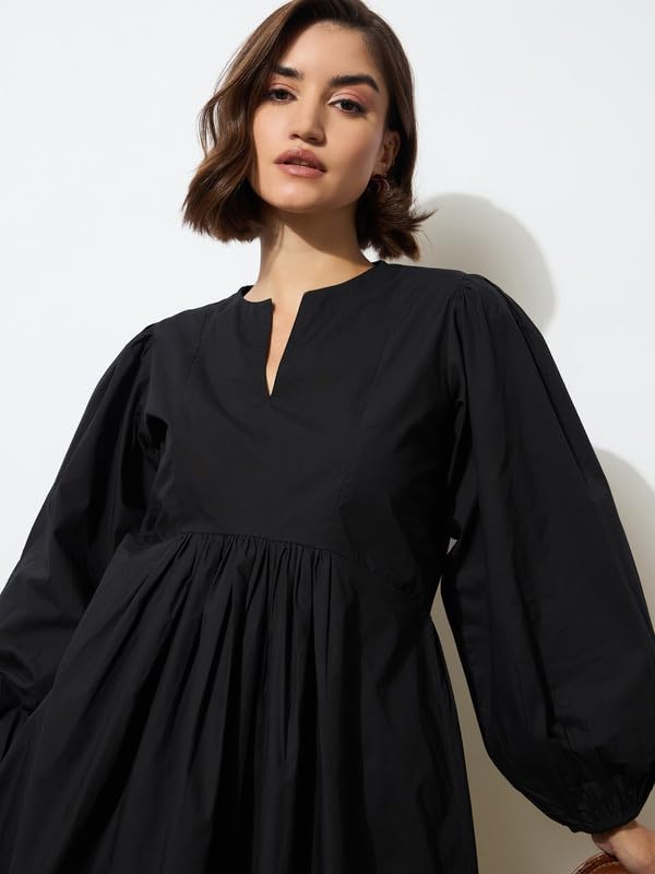 Image of barcino Black Poplin Puff Sleeves Gathered Loose Dress