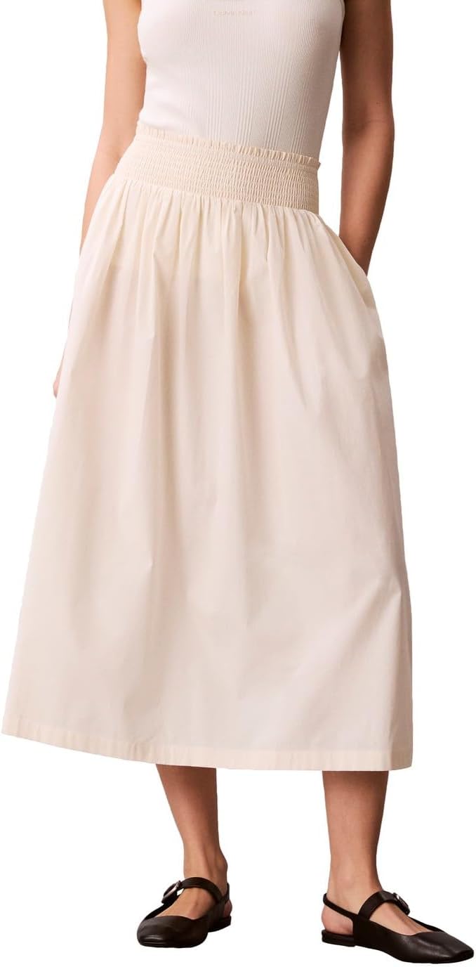 Calvin Klein Womens Cotton Poplin Smocked Waist Midi Skirt