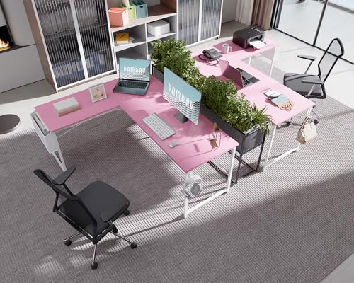 Image of Pamray 64.5 Inch Reversible L Shaped Gaming Desk Large Corner Computer Desk with Storage Bag Home Office Table for Writing Study Pink