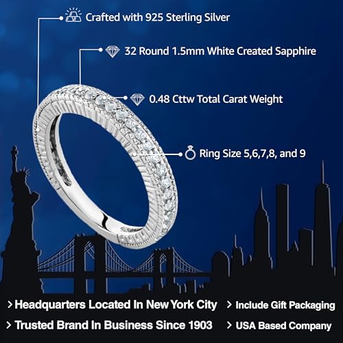 Gem Stone King 925 Sterling Silver White Created Sapphire Ring | 0.48 Cttw | Wedding Band Engagement Anniversary Promise Ring For Women | Available In Size 5, 6, 7, 8, 92