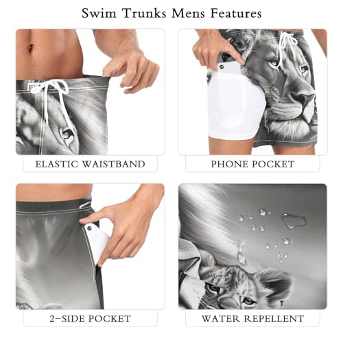 Lion Portrait Black Mens Swim Trunks with Liner, Cool Quick Dry Beach Swim Shorts, Swimwear Bathing Suits S3