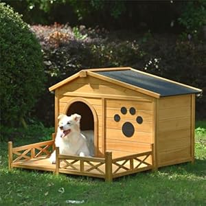 Merax 48″ Wooden Dog House Outdoor, Medium Large Breed Outside Kennel with Porch, Paw Print, Weatherproof Asphalt Roof and Fencing