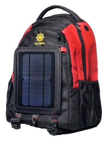 SolarGoPack solar powered backpack,charges mobile devices,12k mAh L-Ion Battery, Black & Red