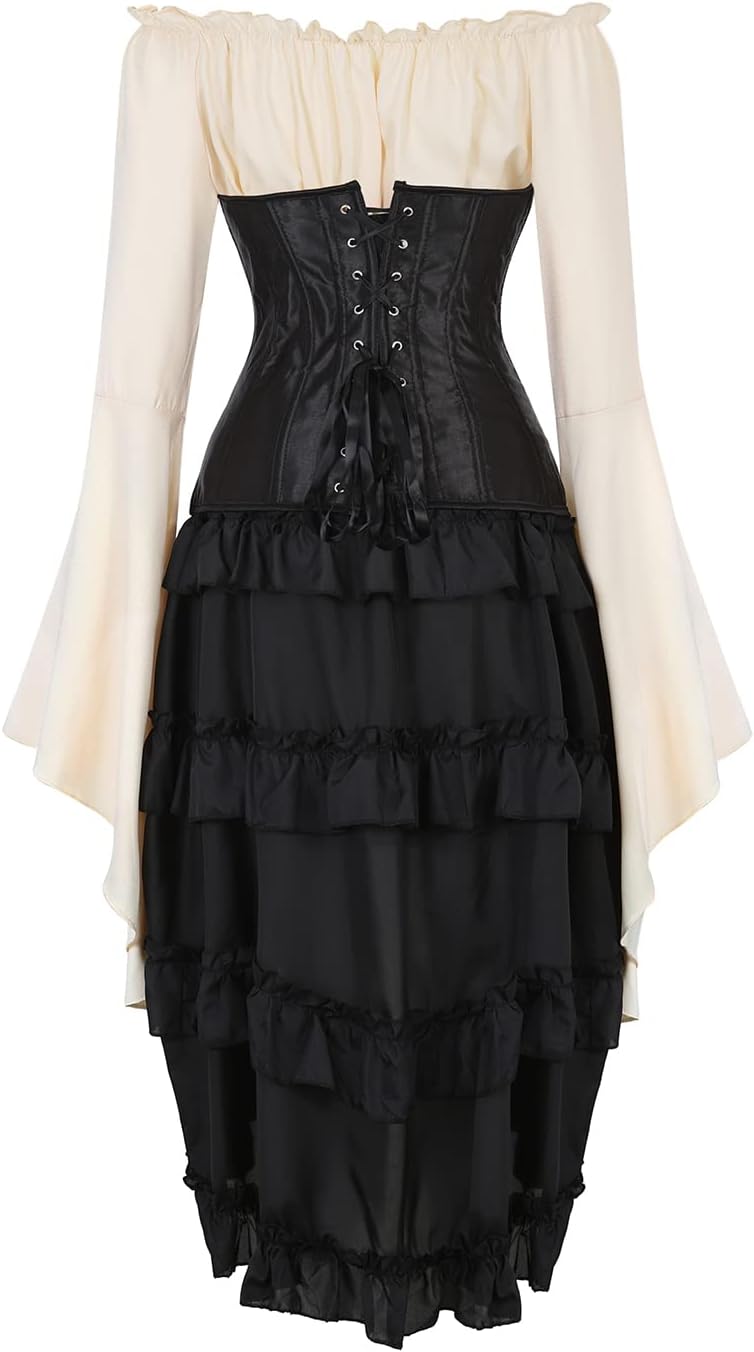 Grebrafan Satin Corset Pirate Skirt with Blouse Steampunk Corsets Bustiers Costume