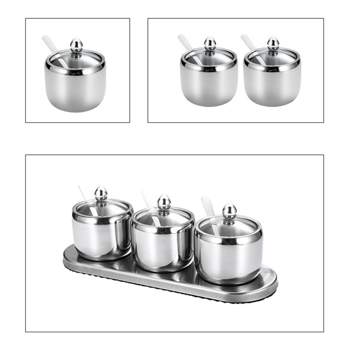 Barattoli per Spezie in Acciaio Inox 304 Set da 3 con Base, Contenitori Multifunzione per Conservazione Sale e Condimenti, Accessori Cucina per Uso Alimentare e Tavola