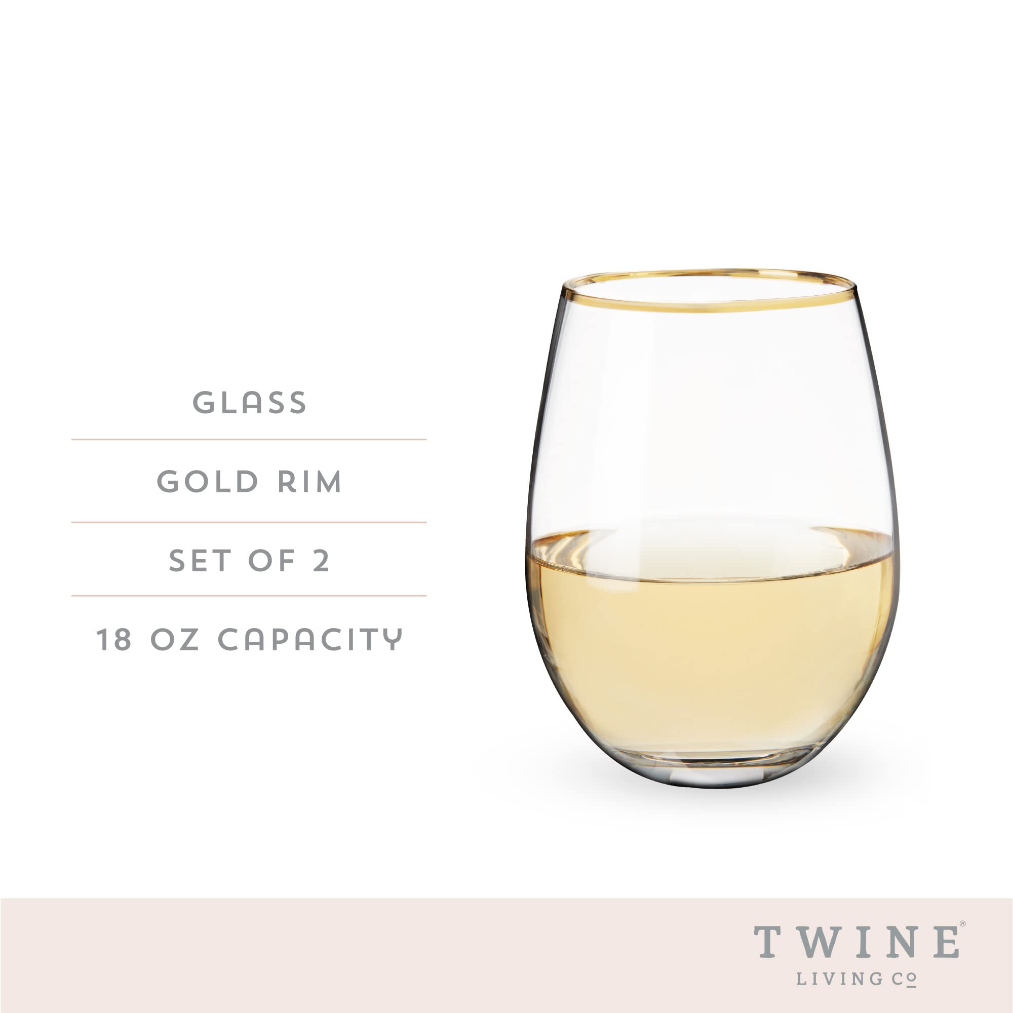 Twine Juego de copas de vino doradas sin tallo con borde dorado, vasos modernos para vinos tinto y blanco, regalos de boda, celebración de vacaciones, cristalería elegante, bar en casa, 18 onzas
