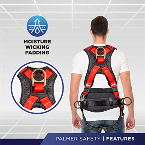 Palmer Safety Hammerhead 5pt Safety Harness w/ 6' Double Legs Rebar Hook Safety Lanyard & D-Ring Extender (Red DLK - 2XLG)