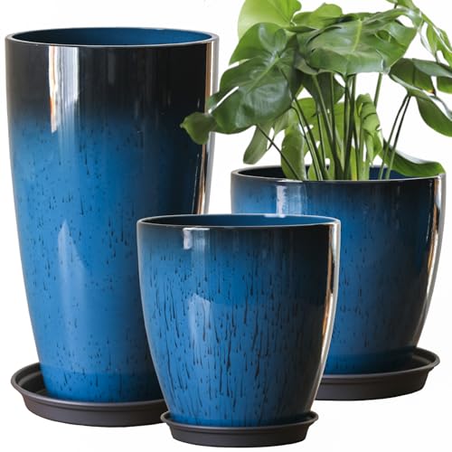 Große Kunststoff-Pflanzgefäße mit Tablett 28+30+53 cm Höhe 3er-Set für den Innen- und Außenbereich, leicht, dekorative Blumentöpfe, hoher Pflanztopf für Garten, Terrasse, Veranda, Ecke, blau, rund