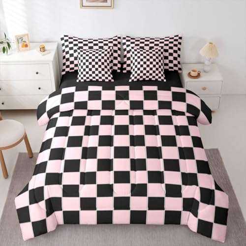 Image of Erosebridal Plaid King Comforter Set with Sheets 7 Piece Pink Black Checkerboard Bed in A Bag Geometric Checkered Bedding Sets for Kids Adults,Aesthetic Grids Bed Set