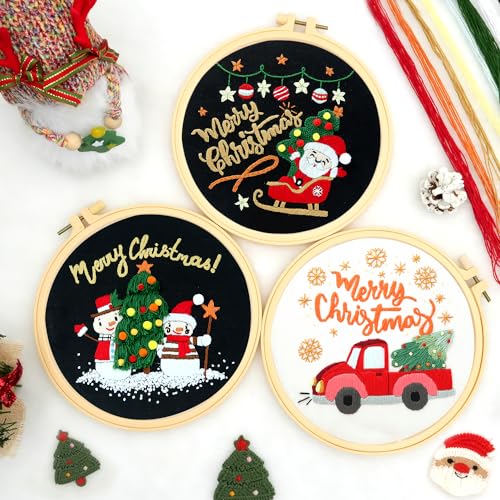 MAMUNU 3 Sets Christmas Embroidery Kits for Beginners Adults Santa Snowman Car Stamped Cross Stitch Kits - Image 2