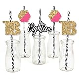 Chic 18th Birthday - Pink, Black and Gold - Paper Straw Decor - Birthday Party Striped Decorative Straws - Set of 24