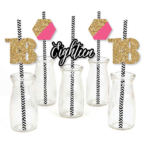 Big Dot of Happiness Chic 18th Birthday - Pink, Black and Gold - Paper Straw Decor - Birthday Party Striped Decorative Straws - Set of 24
