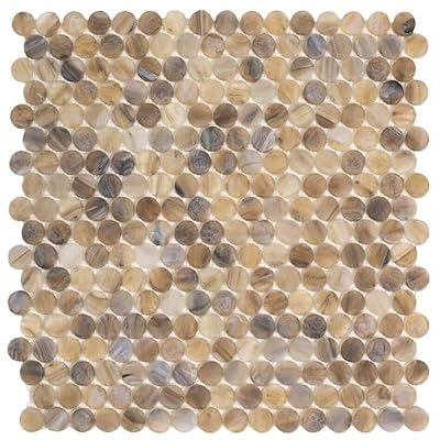 Beige Glass Penny Round Mosaic Tile - 12.2" x 12.2" Sheet for Kitchen, Bathroom or Wall Panel (10-Pack)
