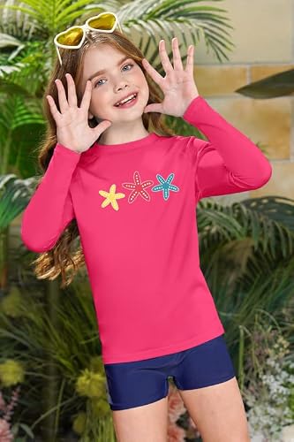 Besserbay Little Girls Upf 50+ Beach Rash Guard Shirt Long Sleeve Rose Red Starfish Uv Swimming Shirt 5-6 Years #TOP2
